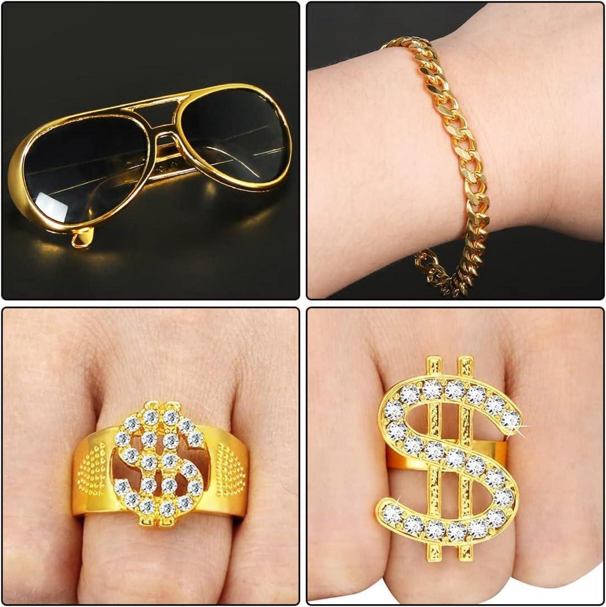 Hip Hop Rapper Kostüm Set Goldkette Sonnenbrille - Herren Cosplay Karneval Halloween