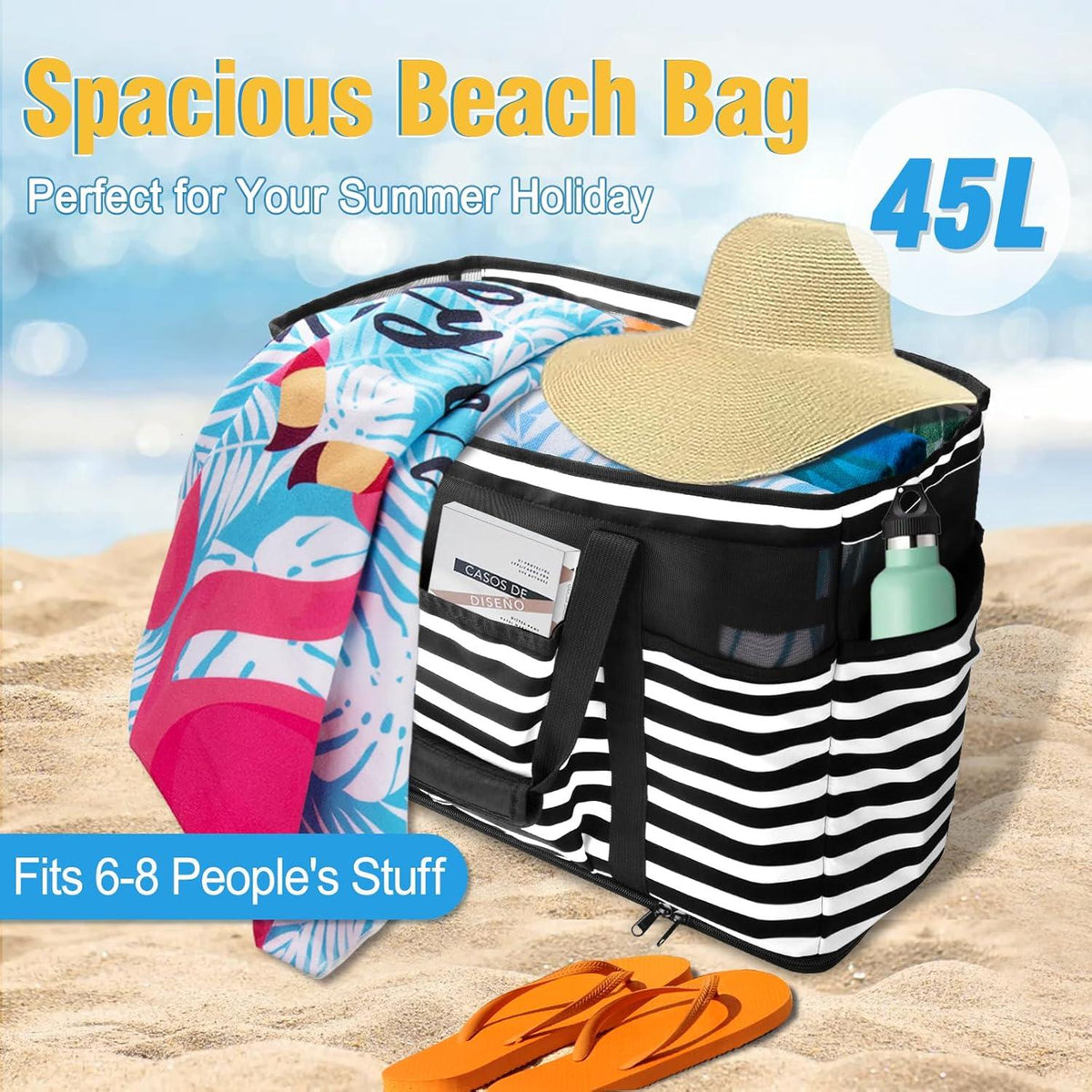 TEUEN Strandtasche XXL Wasserdicht Reißverschluss Streifen Bügel 45L