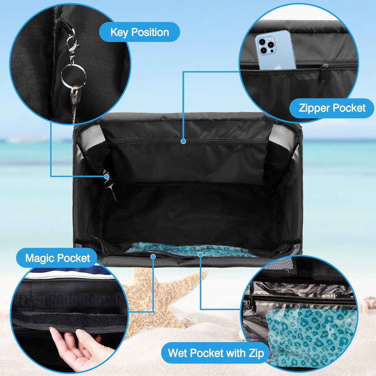 Große Strandtasche Damen Reißverschluss Wasserdicht XXL 45L Strand Pool Shopper