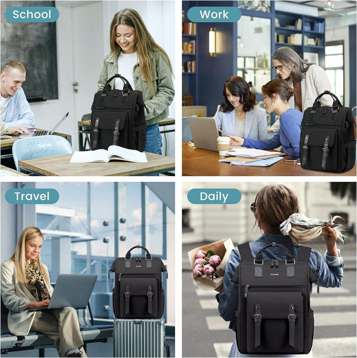 Großer Damenrucksack 18 Zoll Wasserdicht Schwarz mit