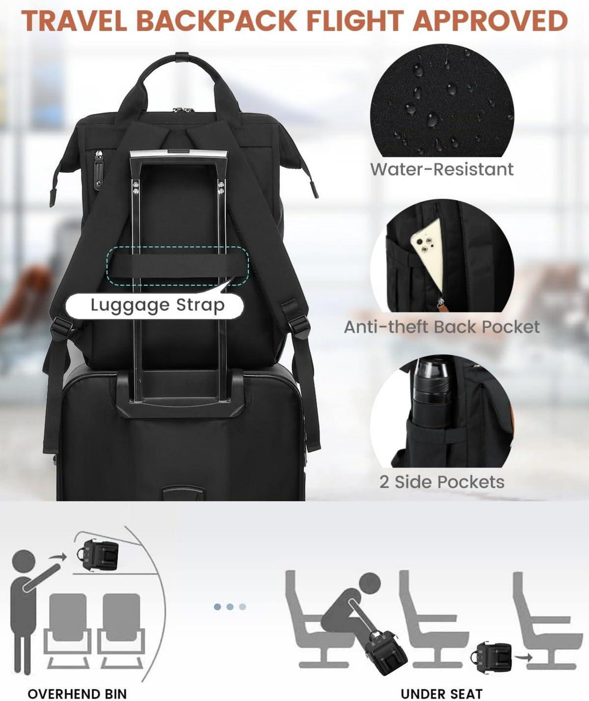Damen Rucksack Groß Wasserdicht 18 Zoll Handgepäck Schwarz mit