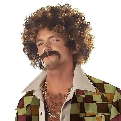 70er Jahre Disco Perücke mit Schnurrbart & Kette – Afro Perücke Blond/Schwarz