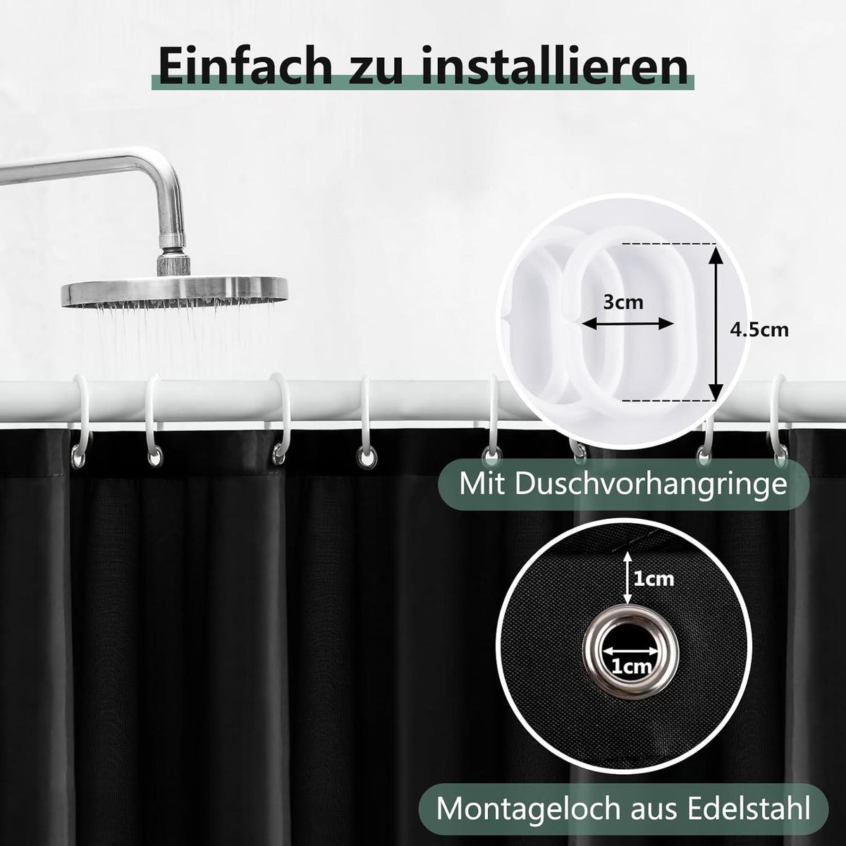 Duschvorhang Anti-Schimmel 180x200cm Schwarz PVC Antibakteriell mit 8 Haken