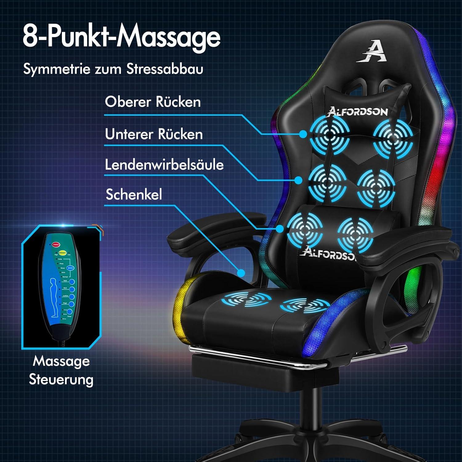 Gaming Stuhl mit 8-Punkt Massage RGB LED-Licht, Schwarz