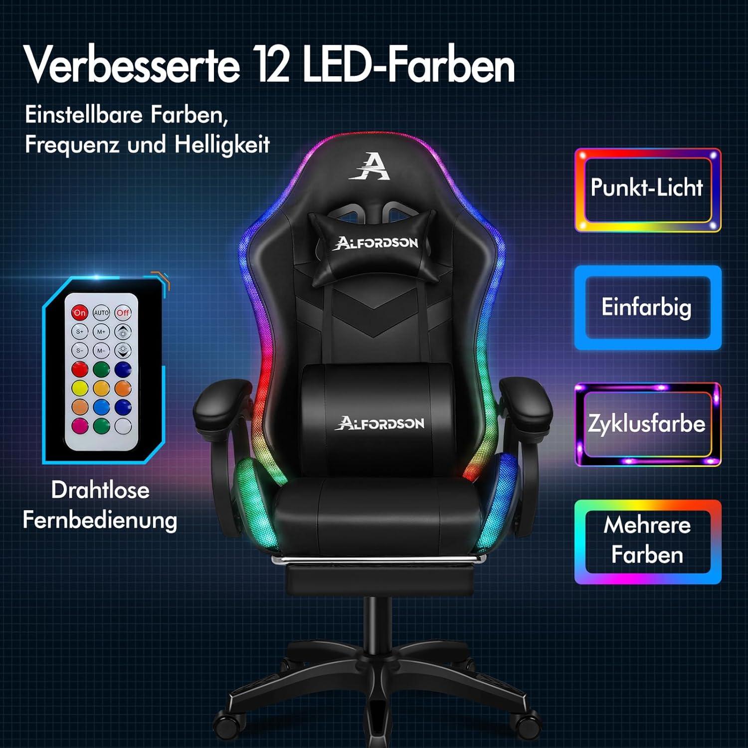 ALFORDSON Gaming Stuhl mit 8-Punkt Massage, 12 Farben RGB LED-Licht, mit Fußstützen, Kopfstütze, Lendenkissen - Schwarz