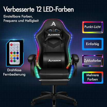ALFORDSON Gaming Stuhl mit 8-Punkt Massage, 12 Farben RGB LED-Licht, mit Fußstützen, Kopfstütze, Lendenkissen - Schwarz