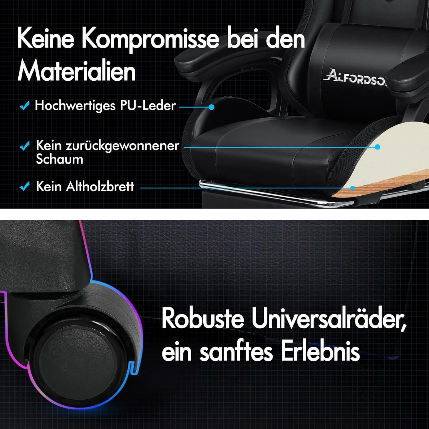 Gaming Stuhl mit 8-Punkt Massage, 12 Farben LED-Licht, Bürostuhl