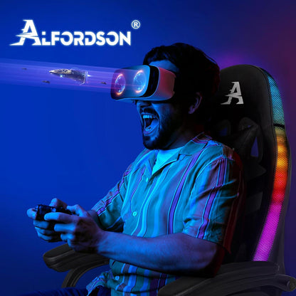 ALFORDSON Gaming Stuhl mit 8-Punkt Massage, 12 Farben RGB LED-Licht, mit Fußstützen, Kopfstütze, Lendenkissen - Schwarz