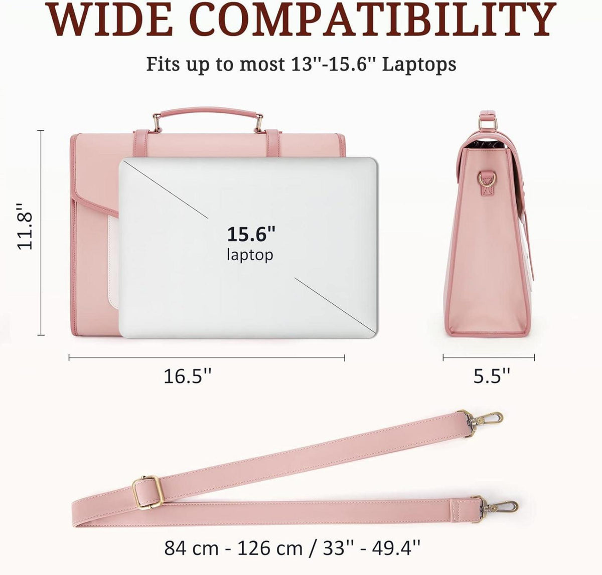 Laptop Handtasche Damen 15,6 Zoll PU-Leder Rosa Messenger Bag