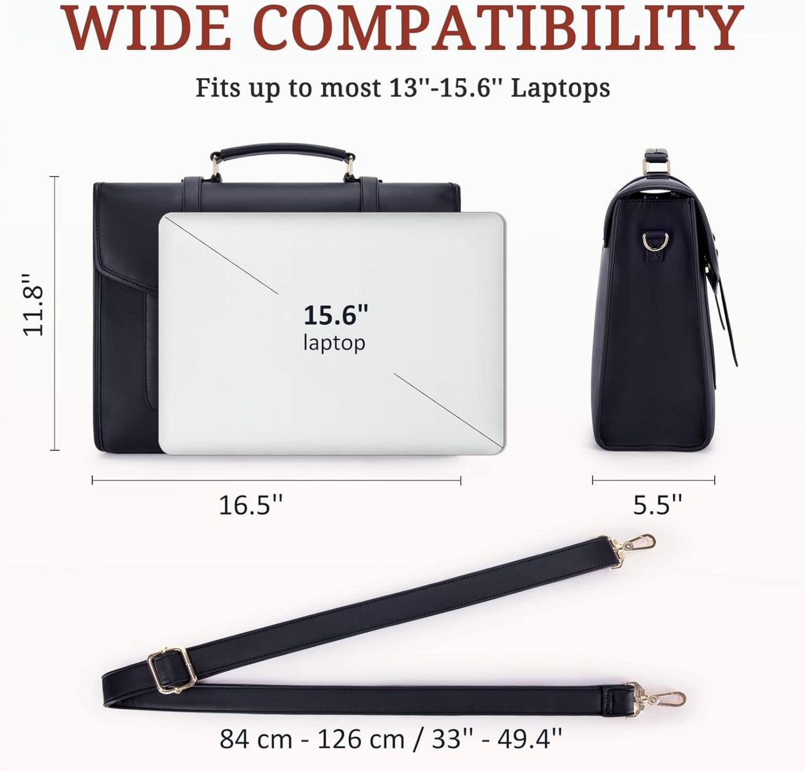 Laptop Handtasche Damen 15,6 Zoll PU-Leder Aktentasche Schwarz