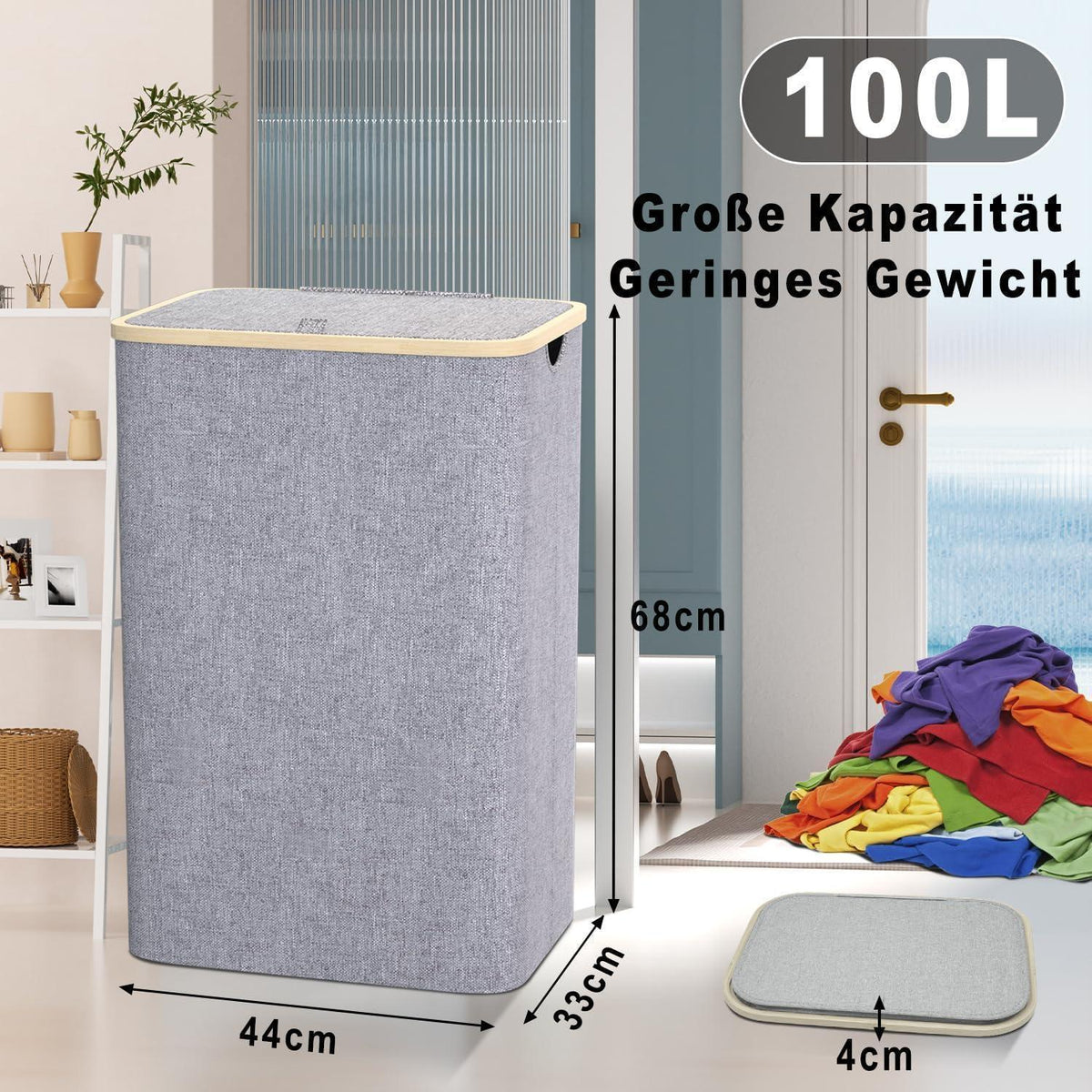 Schmaler Wäschekorb 100L mit Bambusdeckel & Wäschesack