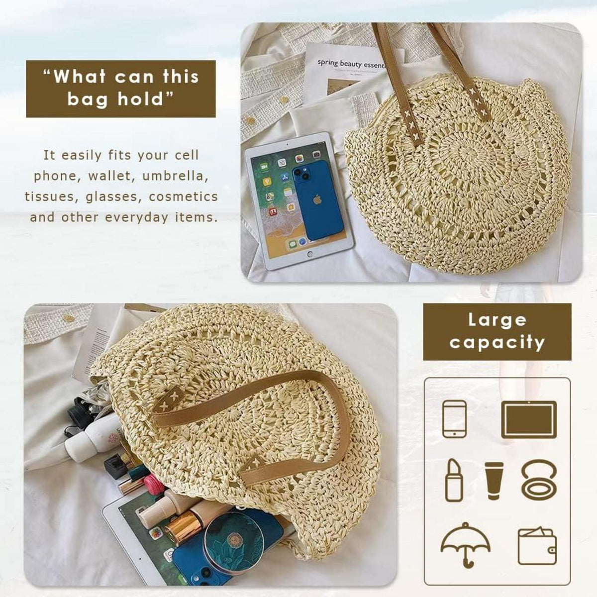 Stroh Handtasche Damen Sommer Umhängetasche Strandtasche