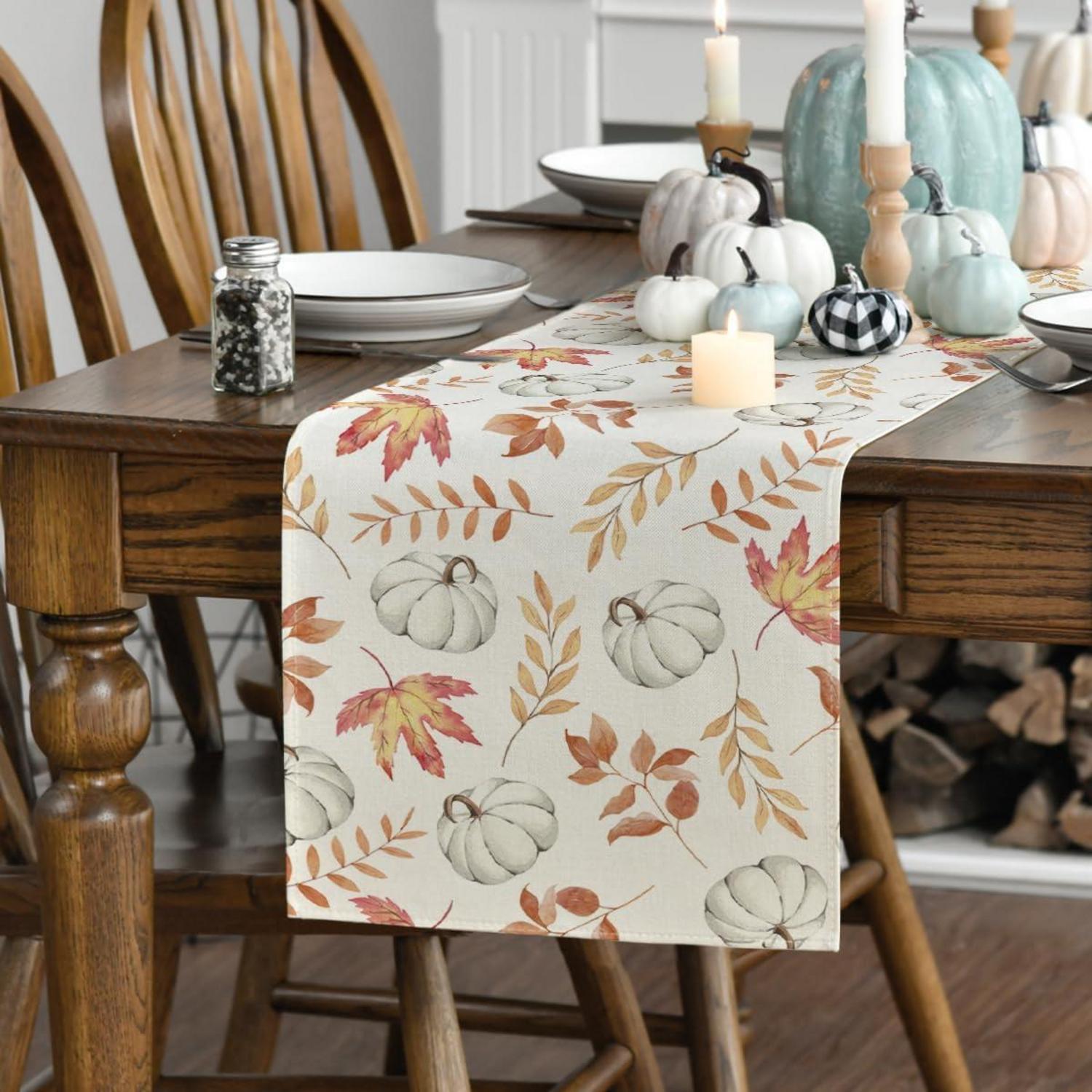 Herbst Tischläufer Kürbisse Blätter 40x140 cm Orange