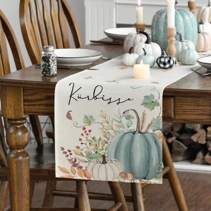 Herbst Tischläufer Blau Kürbisse Blumen Blätter 40x140 cm