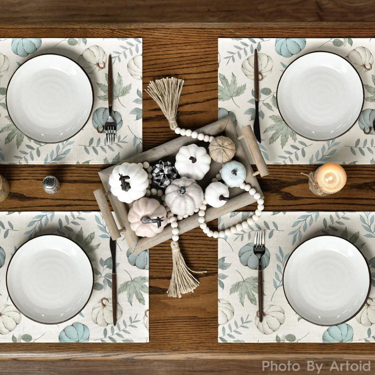 Set 4er Artoid Blau Kürbisse Blätter Herbst Platzsets 30x45cm