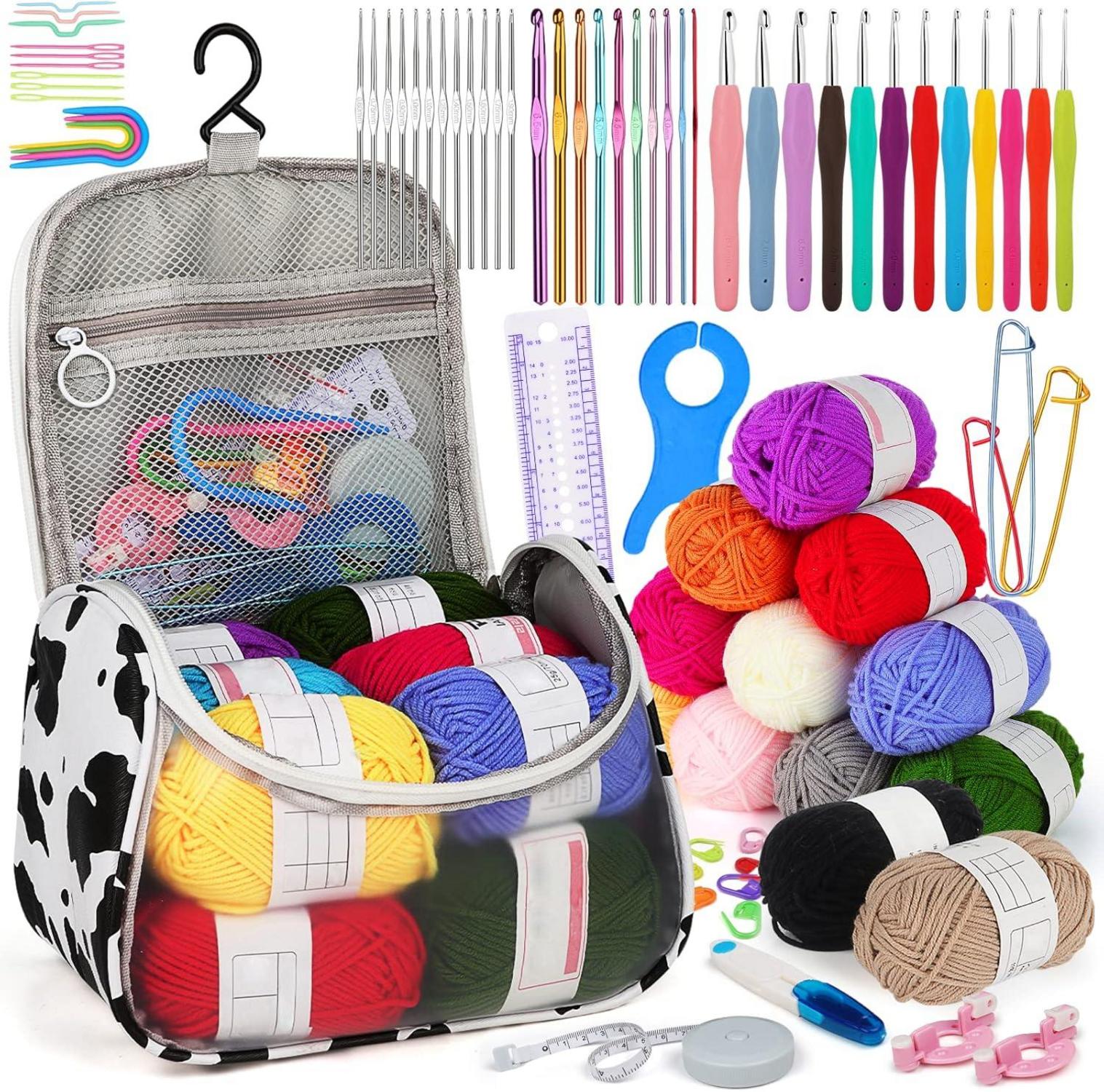 Häkelset mit Garn und Tasche, Anfänger-Set, 34 Nadeln, 12 Wolle