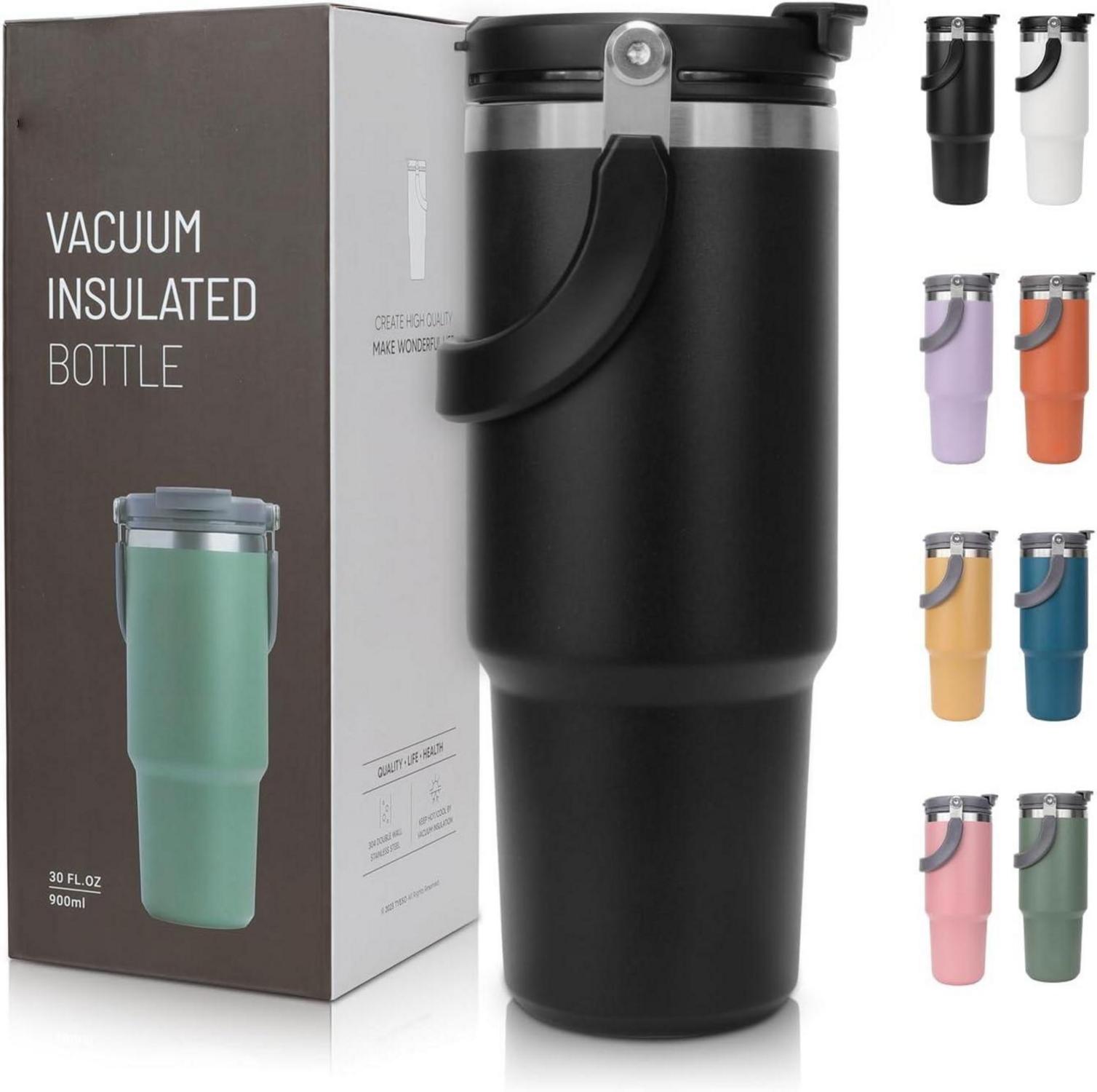 Isolierbecher mit Strohhalm und Deckel - 900ml - Schwarz