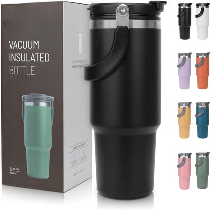 Isolierbecher mit Strohhalm und Deckel - 900ml - Schwarz