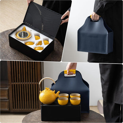 Teeset tragbar japanisch Teekanne Teetassen orange Reise-Keramik 700ml