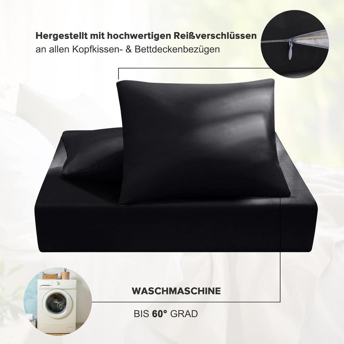 Ohano Bettwäsche 135x200 4tlg Schwarz Mikrofaser Reißverschluss