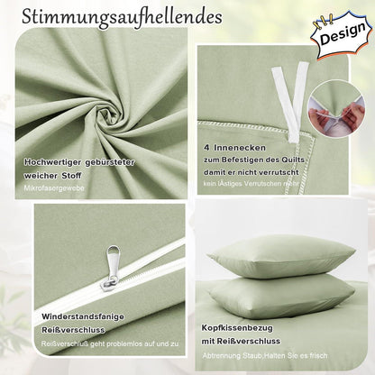 ohano Bettwäsche 200x220 3 tlg. Mikrofaser mit Reißverschluss - Salbeigrün