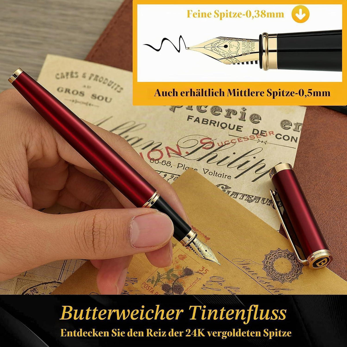 Luxuriöser Füllfederhalter Rot mit 24K Gold-Akzenten