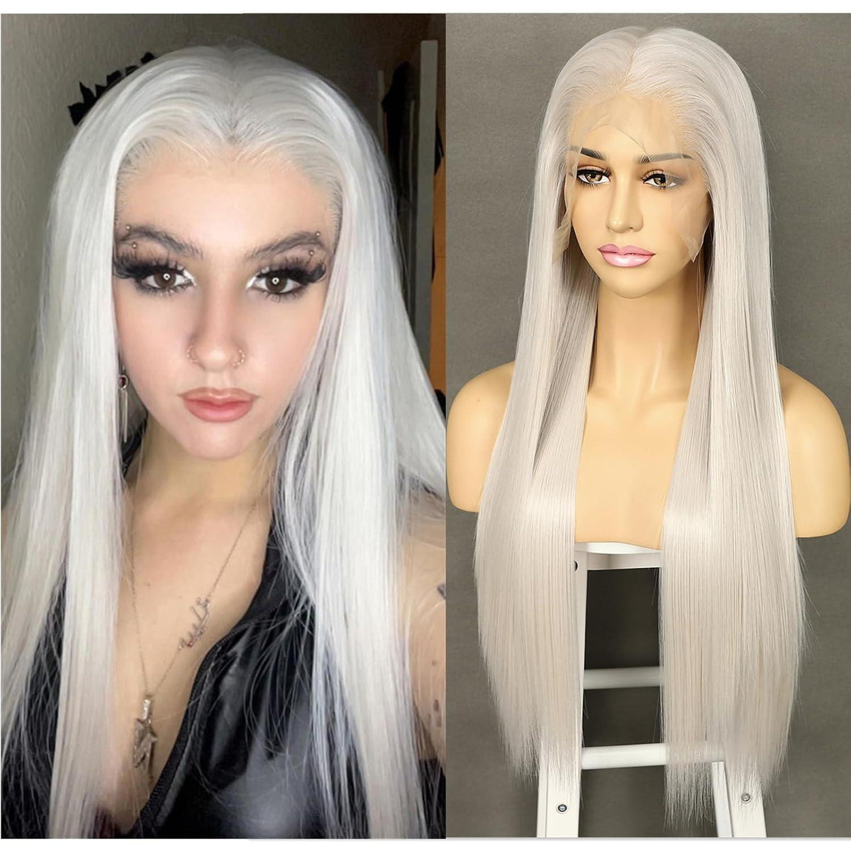 Lange gerade Platinum Grau Perücke mit Lace Front 13x6
