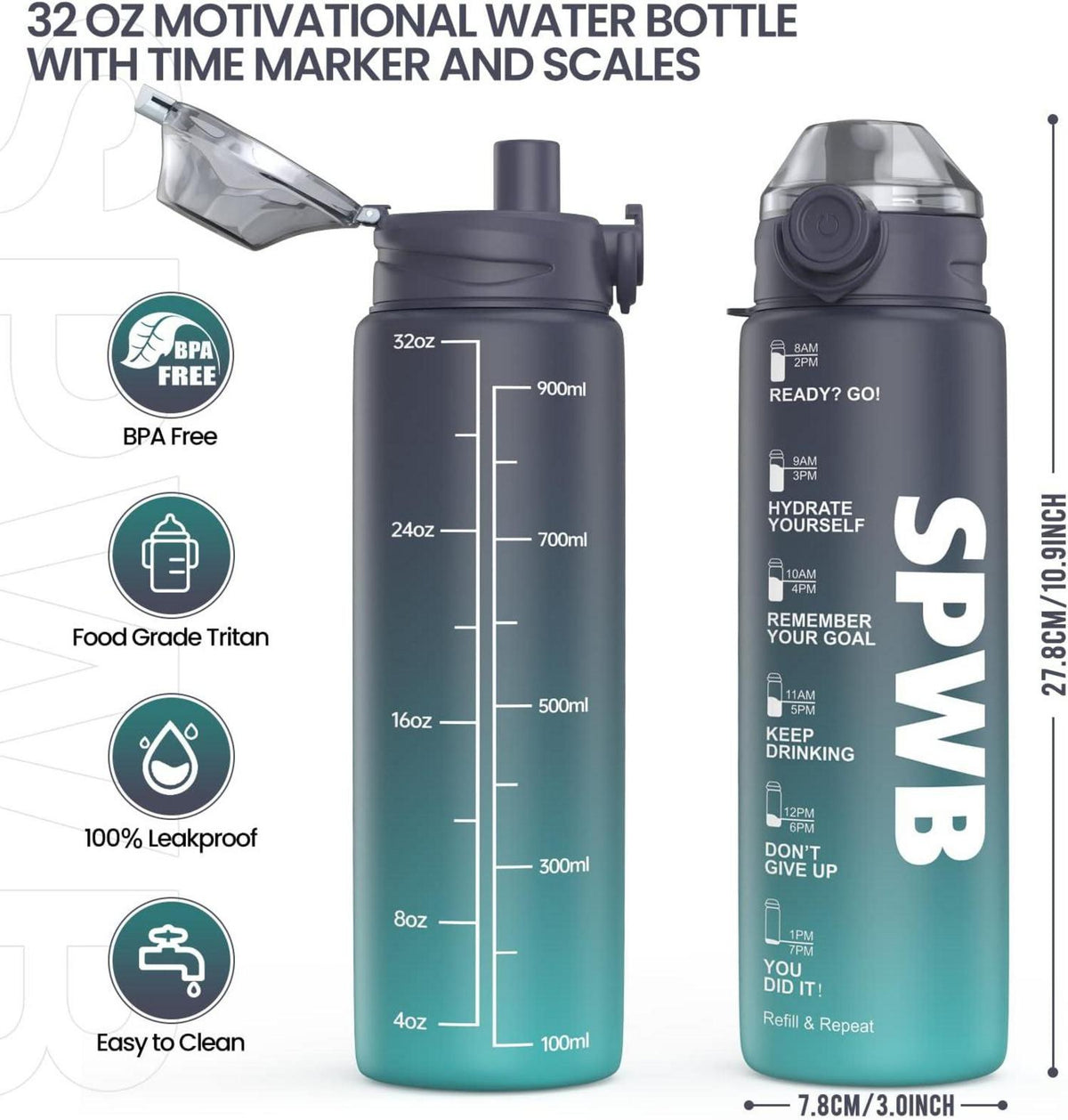 Trinkflasche Sport 1L BPA-frei Auslaufsicher Tritan mit Zeitmarkierung