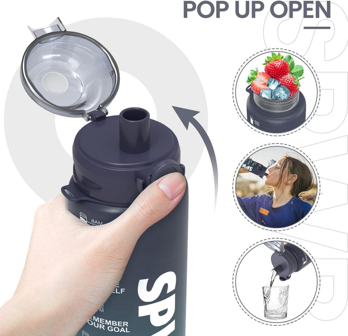 SPWB Trinkflasche 1L BPA-frei Auslaufsicher mit Filter, Zeitmarkierung und Kohlensäure Geeignet
