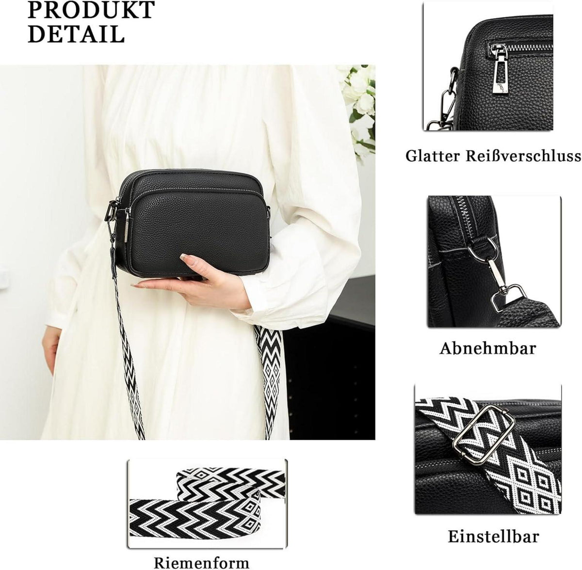 Crossbody Bag Damen Echtes Leder Kleine Umhängetasche Schwarz