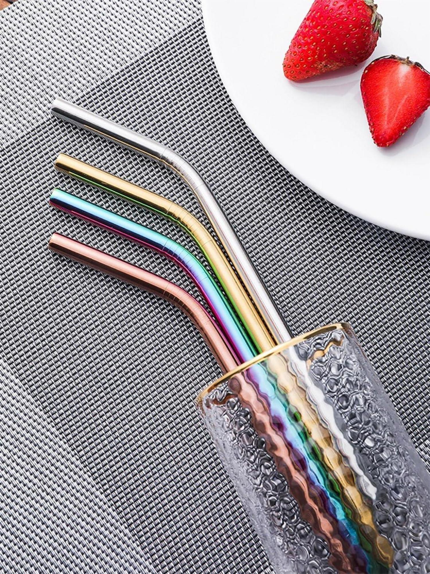 12er Set Strohhalme Edelstahl bunt mit Reinigungsbürsten 20,5 cm