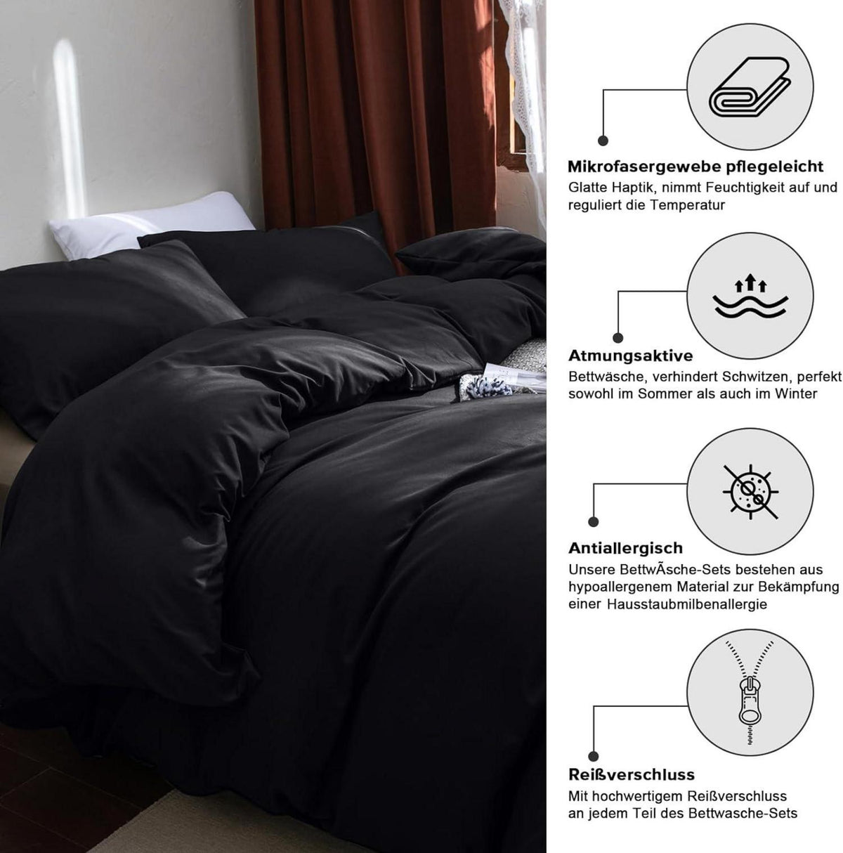 ohano Bettwäsche-Set 155x220 cm Schwarz mit Reißverschluss