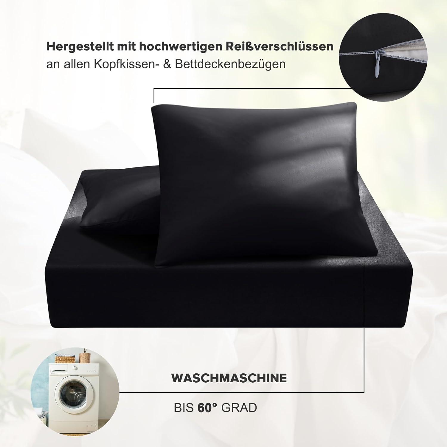 Bettwäsche 135x200 cm 2tlg Mikrofaser Schwarz Kissenbezug 80x80 cm