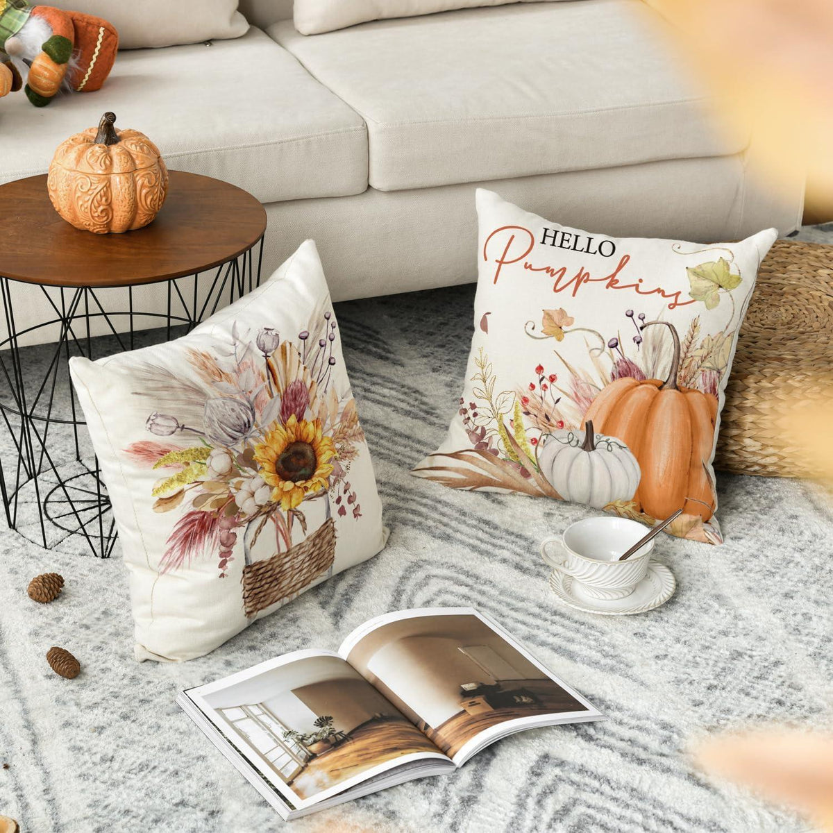 Herbst Kissenbezüge 4er Set Sonnenblumen Blätter Kürbisse 50x50 cm