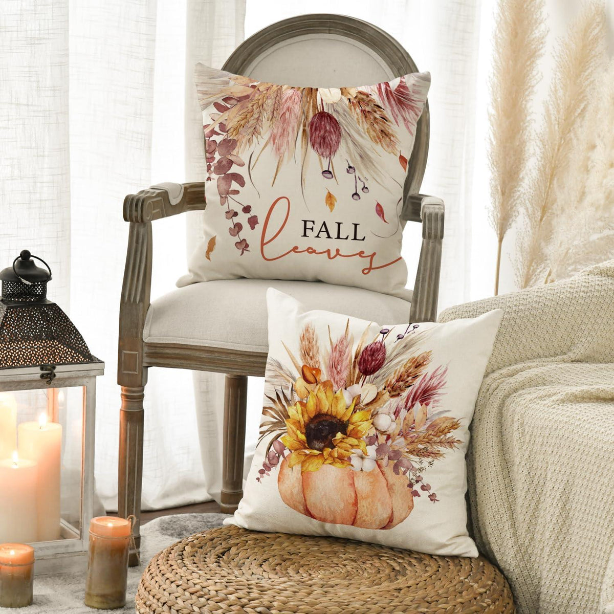 Herbstliche Kissenbezüge Sonnenblumen Blätter Vase Kürbisse 4er Set