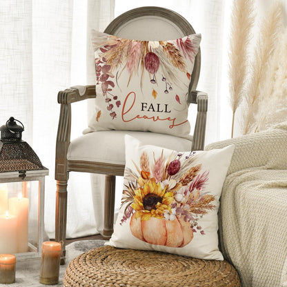 Herbstliche Kissenbezüge Sonnenblumen Blätter Vase Kürbisse 4er Set