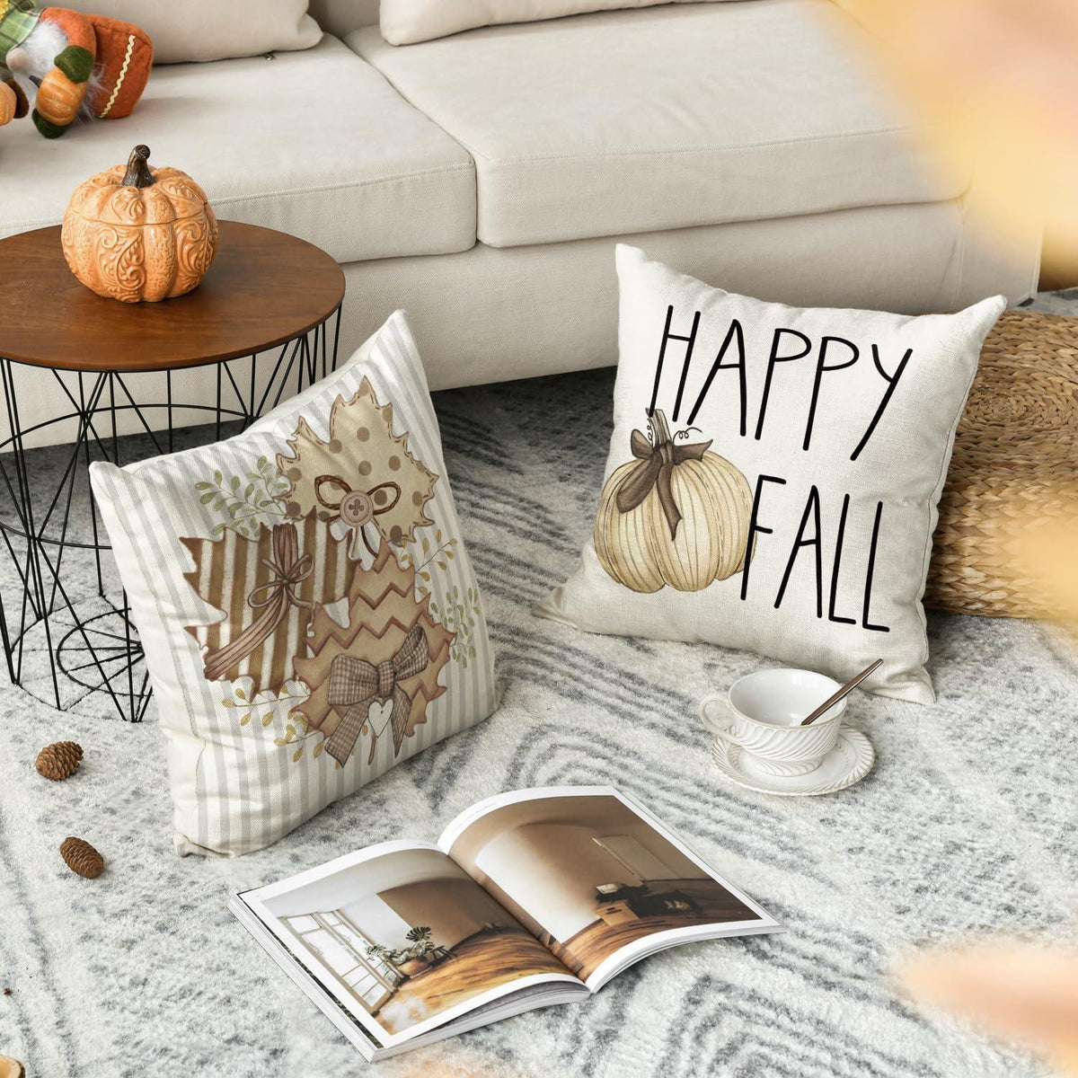 Herbst Kürbisse Streifen Ahornblätter Kissenbezüge 4er Set 45x45 cm
