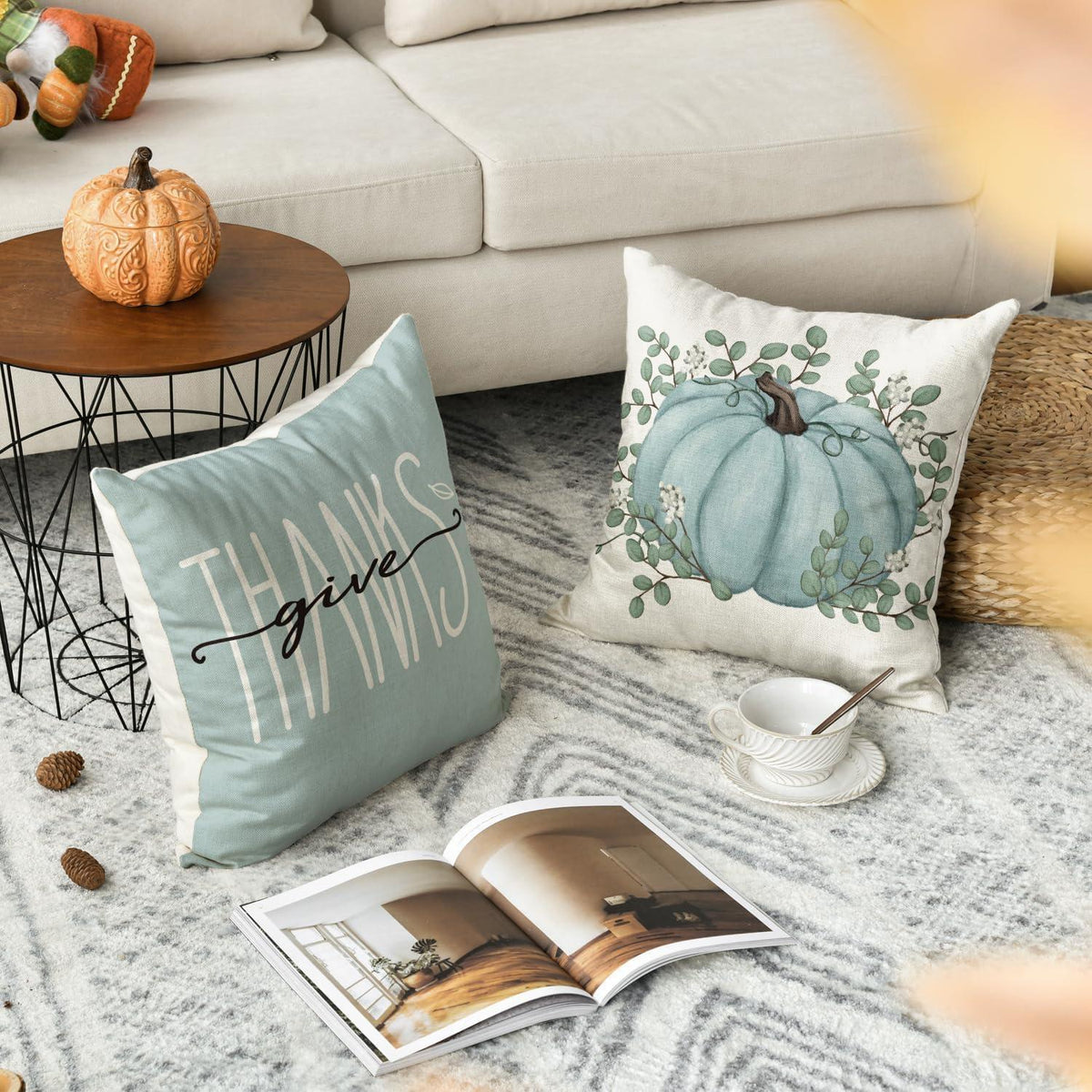 Artoid Herbst Kürbis 4er Set Kissenbezüge 50x50 cm Blau
