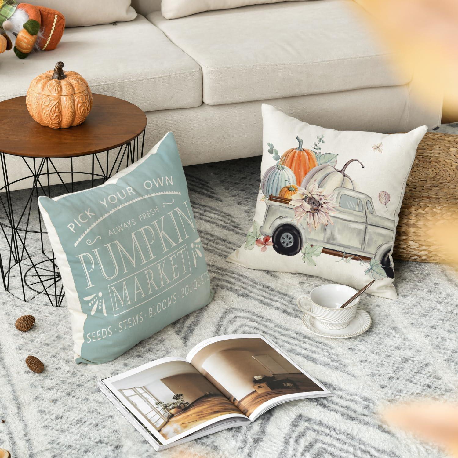 Herbst Kürbis Kissenbezüge 4er Set 45x45 cm Blau