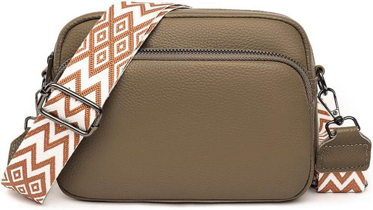 Damen Leder Umhängetasche Crossbody Schultertasche 3 Fächer A-khaki