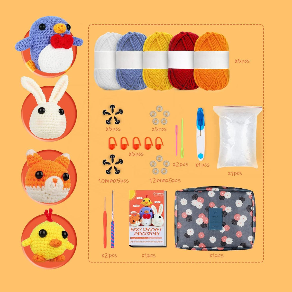 4er Häkelset für Anfänger: Niedliche Amigurumi Tiere mit Zubehör