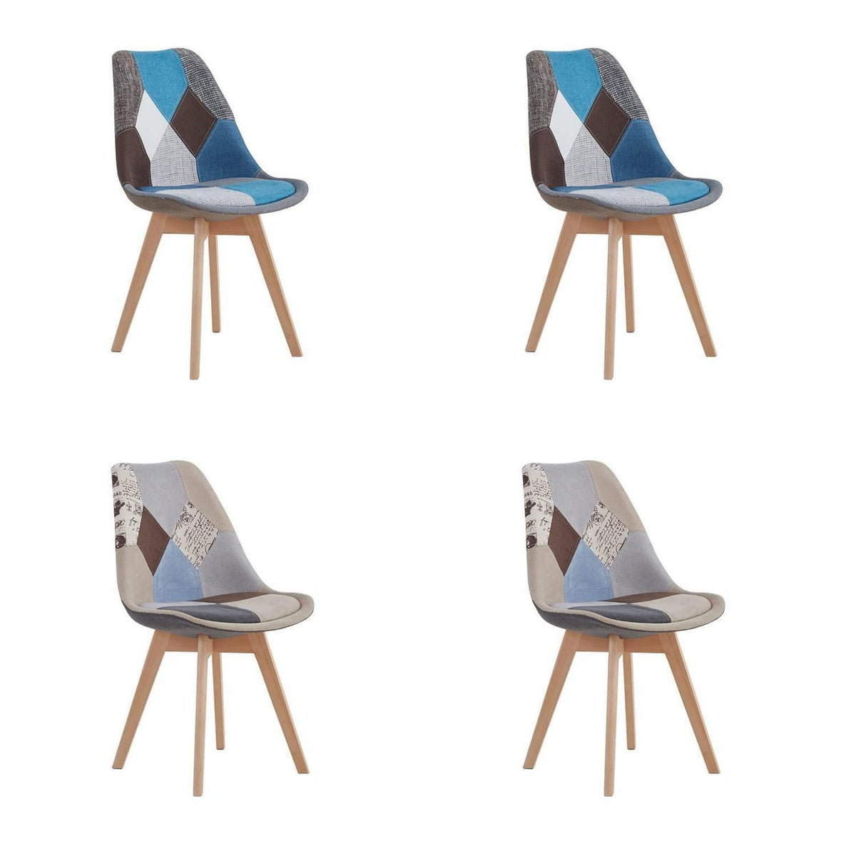 Patchwork Esszimmerstühle Set (Braun+Blau) mit Sitzkissen