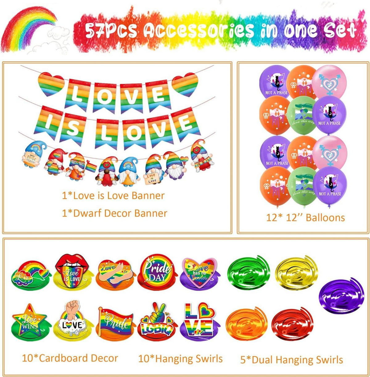 Pride LGBT Dekorationen Flagge Wimpel Ballons Regenbogen Set