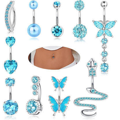 10er Set Bauchnabelpiercings mit Schmetterling und Schlange, Rosa Blau