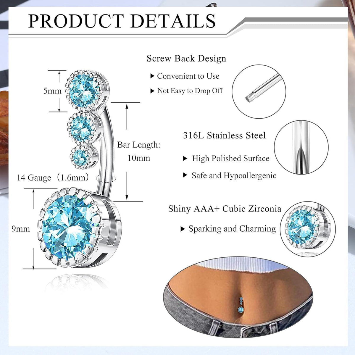 10er Set Bauchnabelpiercings mit Schmetterling und Schlange, Rosa Blau