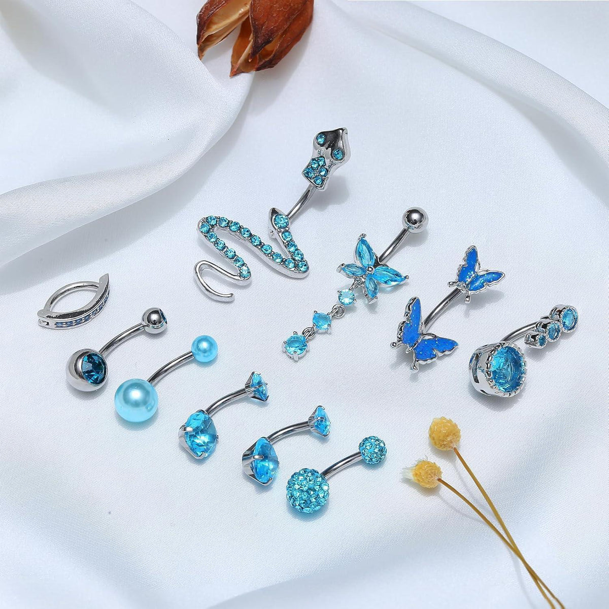 10er Set Bauchnabelpiercings mit Schmetterling und Schlange, Rosa Blau