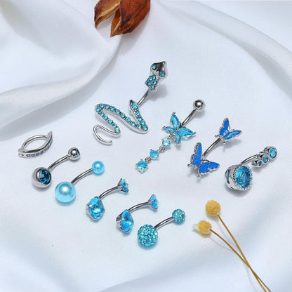 10er Set Bauchnabelpiercings mit Schmetterling und Schlange, Rosa Blau