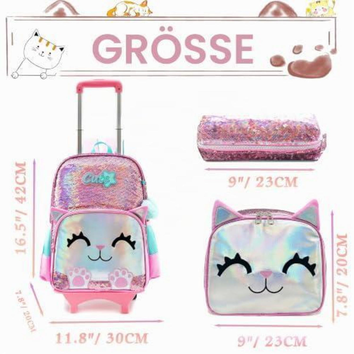 Trolley Schulranzen Mädchen Rosa Panda mit Lunchtasche & Federmäppchen