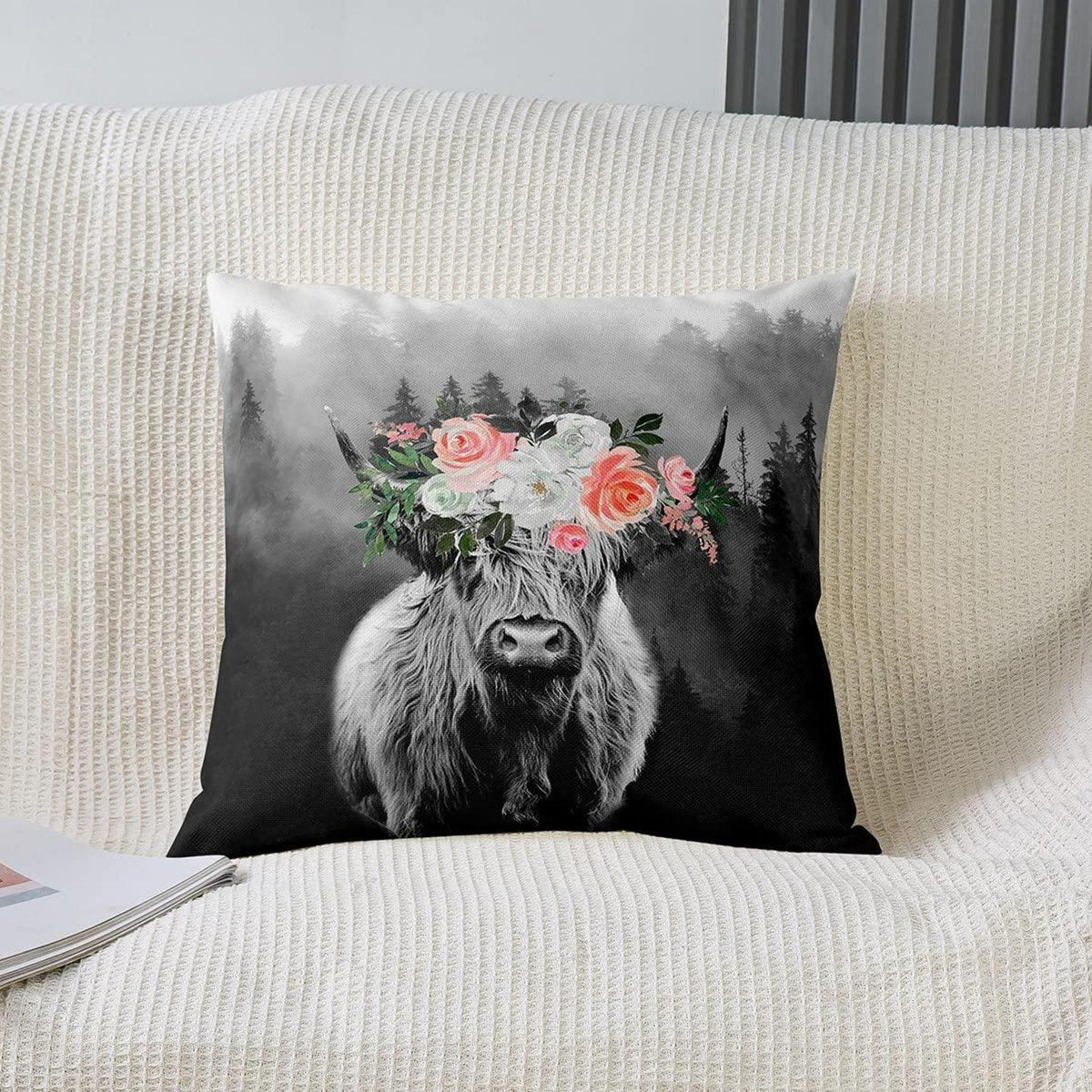 Hochland Kuh Kissenbezüge 2er Set 45x45cm - Floral & Umkehrbar