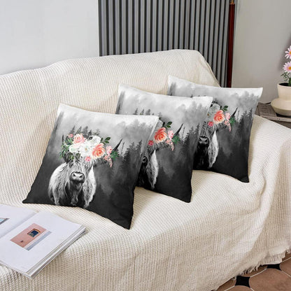 Hochland Kuh Kissenbezüge 2er Set 45x45cm - Floral & Umkehrbar